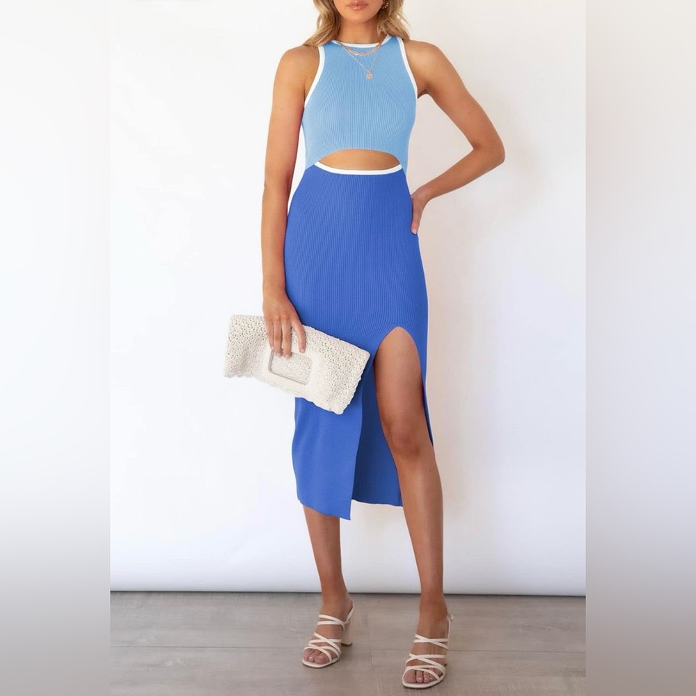 Women's Cutout Crew Neck Sleeveless Tank Slit Ribbed Bodycon Midi Dresses